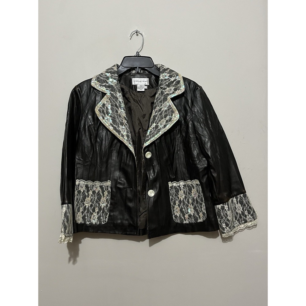 VTG‎ Newport News Black Faux Leather PVC Jacket Lace Whimsigoth Sequin 14